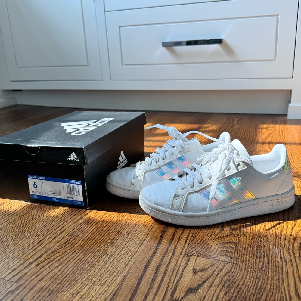 Adidas grand court tennis shoes; white with iridescent stripes in size 6
